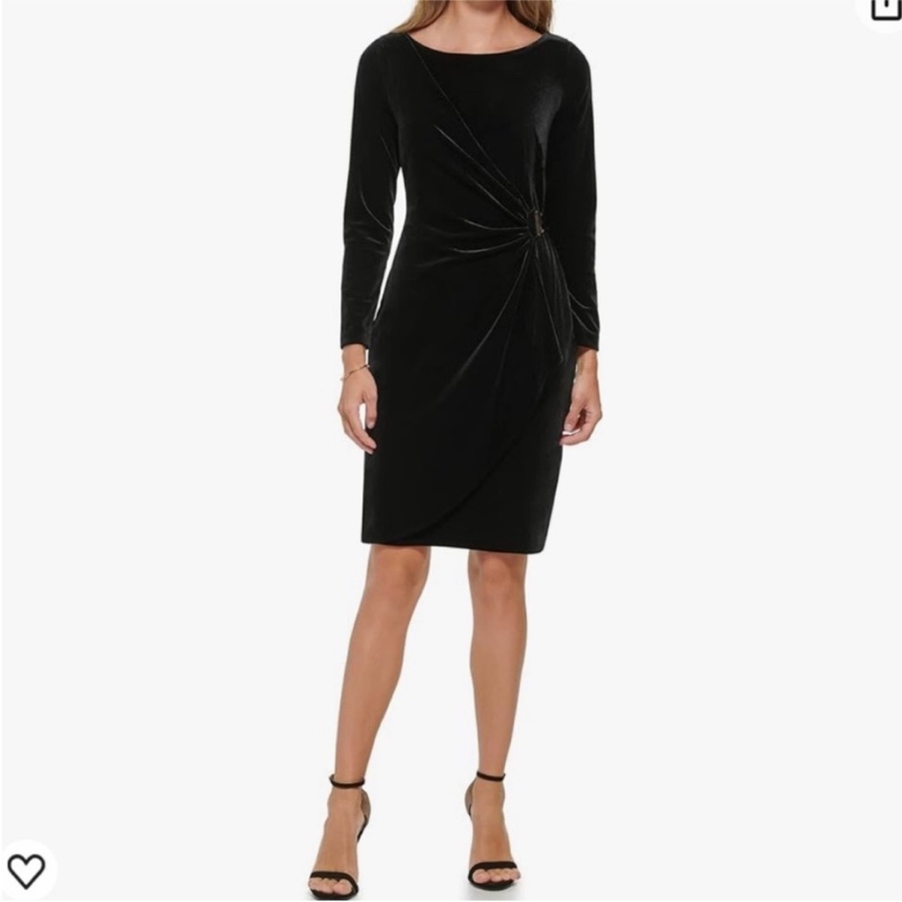 DKNY Black Velvet Midi Dress with Side Knot Detail
